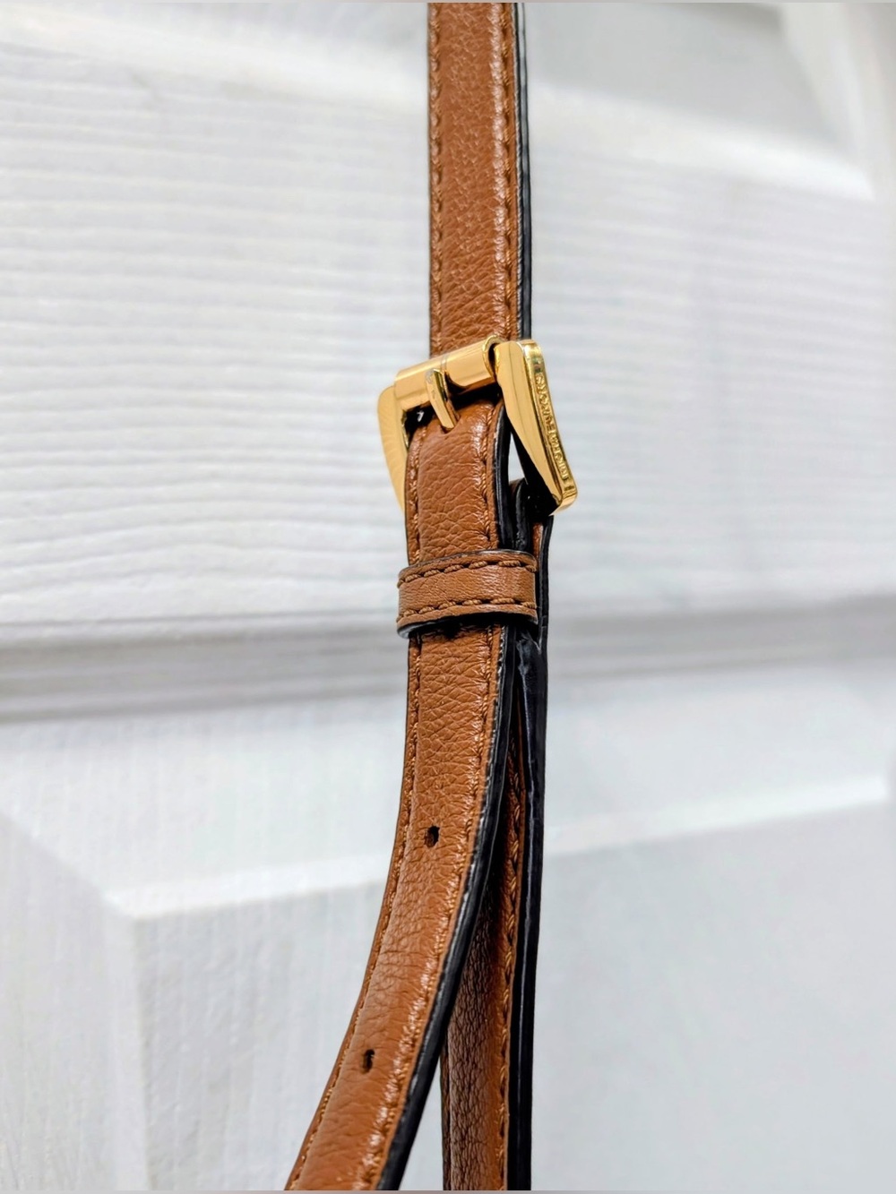 Michael Kors Cognac Pebbled Leather Crossbody Bag Gold MK Logo Adjustable Strap - Picture 6 of 9